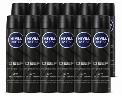 Imagen del producto de 12 unidades de NIVEA MEN DEEP, antitranspirante en spray, fórmula Black Carbon, 150 ml. Paquete económico