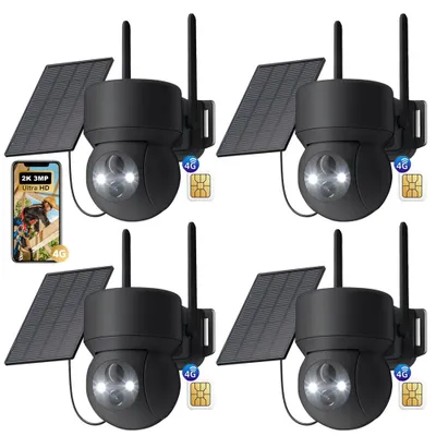 Image de 4 pièces 4G LTE caméra de surveillance extérieure batterie solaire avec carte SIM sans fil caméra IP en plein air sans WLAN 360 ° PTZ avec détection PIR couleur vision nocturne