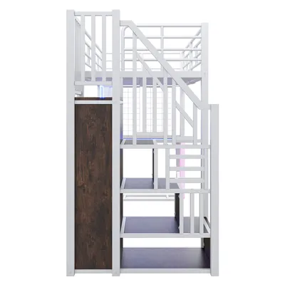 Produktbild von Flieks Etagenbett 90x200cm mit Schreibtisch und LED, Hochbett Jugendbett mit Kleiderstange und Staufach, Kinderbett Einzelbett Stockbett, Weiß