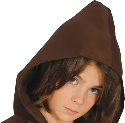 Close-up of a child wearing a brown hooded cloak.