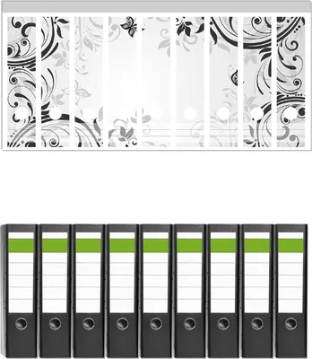 Produktbild von Wallario 9 Stück breite Ordner inkl. Klebeetiketten mit Motive Schnörkelmuster mit Schmetterlingen -  Set mit Rückenschildern / Ordnerrücken Stickern