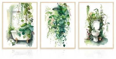 3er Set Botanische Badezimmer Poster, 30x40 cm, Salbeigrün