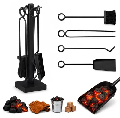Image de Ensemble d'accessoires pour cheminée Relaxdays, 5 pièces : tisonnier, pelle à cendres, balayette, pince et support, ensemble pour poêle, en fer, noir, Image générée par une IA