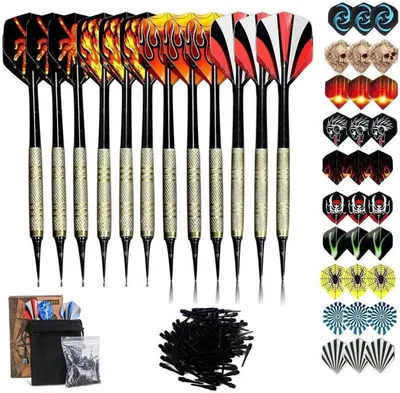 Produktbild von Sinwind Softdart Dartpfeile Set 12 Stück mit Kunststoffspitze, 30 Flights, 10 Motive