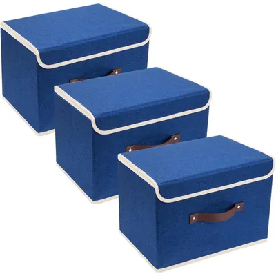 Productafbeelding van Opvouwbare opbergbox met deksel, van stof, wasbaar, 3 stuks, klassiek blauw, 38x25x25 cm