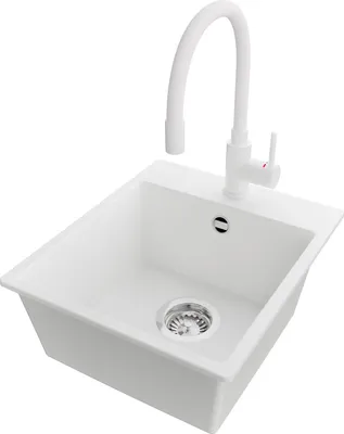 Produktbild von PRIMAGRAN Granitspüle Weiß 38x44cm, Spülbecken 1 Becken + Küchenarmatur 38x14cm + Ablauf-Set, Küchenspüle ab 40er Unterschrank - Riga Easy