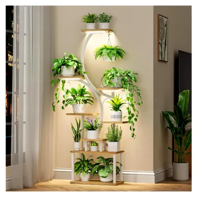 Produktbild von Pflanzenständer mit Wachstumslicht - 8-stufiger Blumenständer 157 cm aus Metall und Holz - Innen- und Außenbereich Blumentreppe - Dekoratives schwarzes Blumenregal für den Indoor-Garten und Balkon
