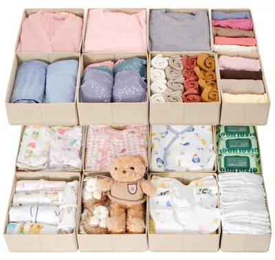 Immagine prodotto di Set di 16 organizer per cassettiere, ideali per l'armadio - Contenitori pieghevoli color beige
