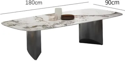 A modern dining table with a marble-like ceramic top and dark metal legs, shown from a slightly elevated side angle.