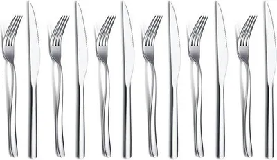 Image de Ensemble de couverts pour steak Unyqoos® – 12 pièces : 6 couteaux à steak et 6 fourchettes, en acier inoxydable hautement poli, lavables au lave-vaisselle, pour 6 personnes, finition argentée