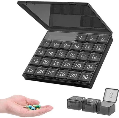 Zdjęcie produktu dla Pudełko na tabletki na 30 dni - pojemnik na tabletki na miesiąc - z wyjmowanymi przegródkami - duże pudełko na tabletki, witaminy i suplementy, idealne w podróży - czarne