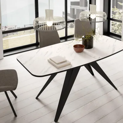 Image de Table à rallonges FLER, style loft, moderne, scandinave, diamètre : 160/198 cm, couleur : marbre blanc/noir