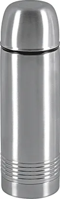A studio shot of a silver stainless steel thermos.