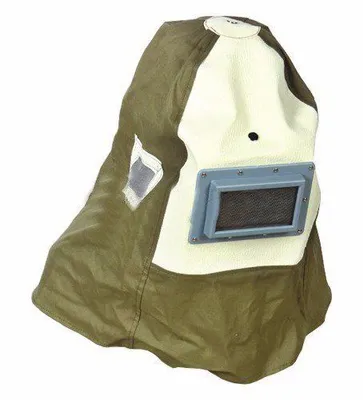 A protective hood with a mesh window.