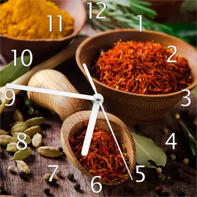 Produktbild von Wallario Design Wanduhr Gewürze und Kräuter aus Echtglas, Größe 20 x 20 cm