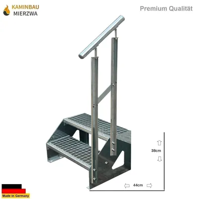 A metal staircase with a handrail, shown against a white background with some text and dimensions indicated.
