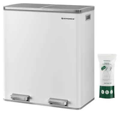 Mülleimer mit Pedal, 2 Fächer, 2 x 30 L, Weiß/Schwarz