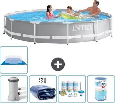 Produktbild von Intex Rundes Prismen Schwimmbecken - 366 x 76 cm - Grau - Mit Solarpumpe, Sonnenschutz, Pflegekit, Filter und Bodenabdeckung