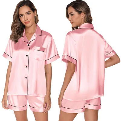 Produktbild von Solidchoice – Damen-Pyjama-Set aus Satin, kurze Ärmel, Rosa