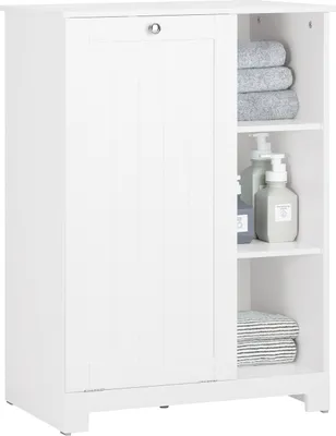 A white bathroom cabinet with a closed door on the left and open shelves on the right, displaying folded towels and soap dispensers.