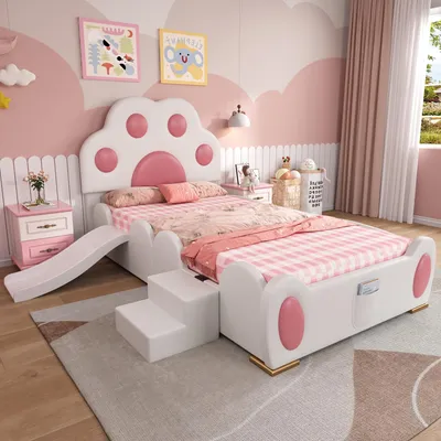 Produktbild von okwish Kinderbett 90x200 Einzelbett mit Kinderrutsche und zweistufigen Leiter,Verspieltes Kopfteil mit Katzenpfoten-Design,ohne Matratze,Weiß+Rosa