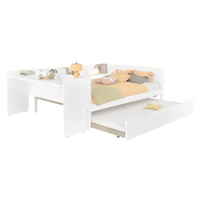 Produktbild von Jugendbett mit Ausziehbett, Lattenrost, Schreibtisch, Regal, 140x200cm, Kinderbett, Holzbett