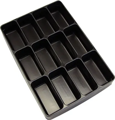 A black plastic organizer tray with 12 rectangular compartments, shown from a slightly elevated diagonal angle against a white background.