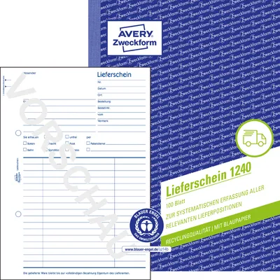 Produktbild von Avery Zweckform 1240, Lieferschein, A5, Recycling-Papier, mit Blaupapier, 100 Blatt