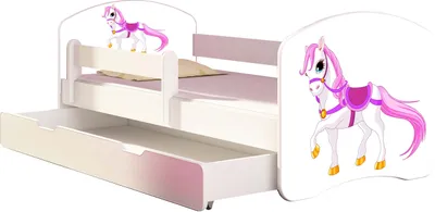 Image de ACMA Lit d'adolescent Lit d'enfant Lit junior Set complet avec matelas Sommier à lattes et protection antichute Blanc 43 Petit cheval 160x80 + coffre de lit