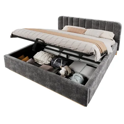 Produktbild von Polsterbett mit LED-Beleuchtung und Stauraum, 180x200 cm, gepolsterter Kopfteil, Doppelbett, Stauraumbett, Chenille