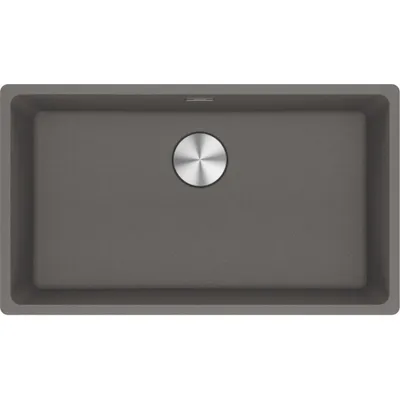 A top-down view of a gray kitchen sink with a silver drain.
