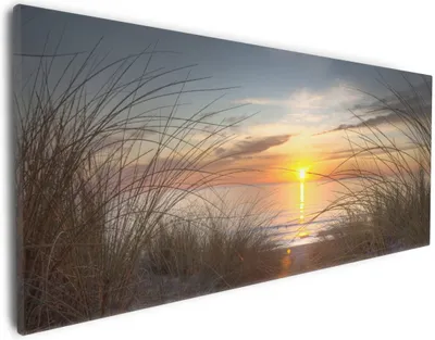 Produktbild von Wallario Premium Leinwandbild Sonnenuntergang am Strand in Größe 30 x 75 cm