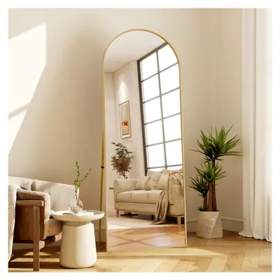 Produktbild von Standspiegel mit gewölbtem Design und goldfarbenem Rahmen, Größe 164 x 54 cm, freistehend für Schlafzimmer oder Wohnzimmer