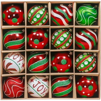 Productafbeelding van Kerstballen, 16 stuks, 8 cm, kunststof, rood, groen, wit, breukbestendig, met ophangoog
