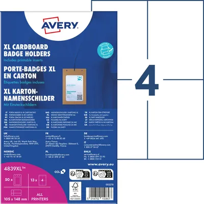 Produktbild von Avery Zweckform 4839XL, Namensschilder-Taschen groß, 148 x 105 mm, 190 g/m², 50 Stück / 52 Einsteckschilder / 13 Bögen