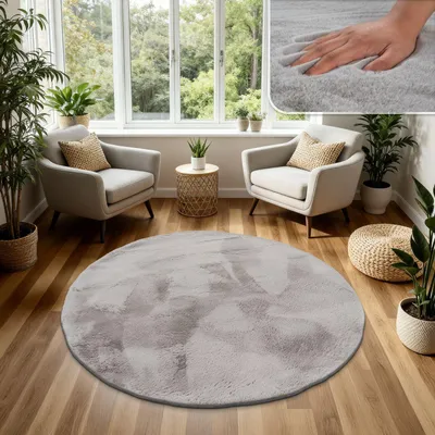 Produktbild von TT Home Hochflor Teppich Schlafzimmer Shaggy Kunstfell Flauschig Kaninchenfell Imitat In Grau Größe 180x200 cm Oval
