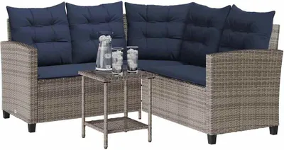 Produktbild von vidaXL Gartensofa in L-Form mit Tisch und Kissen Grau Poly Rattan