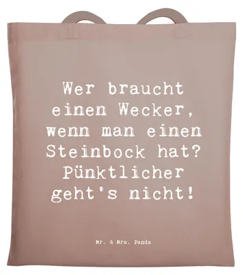 Produktbild von Mr. & Mrs. Panda Tote Bag Spruch Steinbock Wecker - Braun Pastell - Geschenk, Tierkreiszeichen, Shopping Tasche, Humor, Tierkreis, dokumententasche, Einkaufstasche