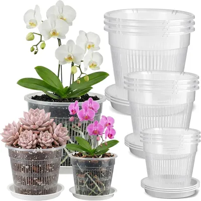 Imagen del producto de Macetas transparentes para orquídeas, con bandeja de goteo y orificios de drenaje, juego de 9 unidades, para plantas