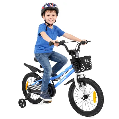 Obrázok produktu pre Detský bicykel COSTWAY 16 palcov s košíkom, výškovo nastaviteľným sedadlom, riadidlami, zvončekom, blatníkom a pomocnými kolieskami, detský bicykel pre chlapcov a dievčatá vo veku 3–7 rokov