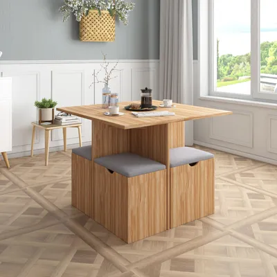 Image de Mondeer Ensemble de table de salle à manger Table de salle à manger avec tabourets de rangement Coussins moelleux 4 casiers de rangement, chêne rouge