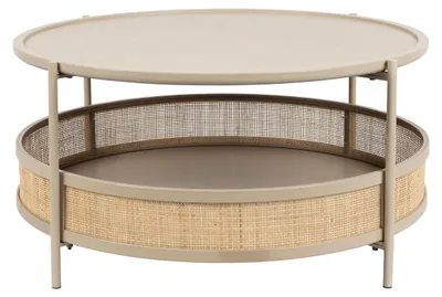 Couchtisch Makoto rund in Beige mit zweigeteilter Platte, Rattan-Seiten und Metallgestell.