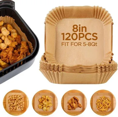 Produktbild von Luftfrittierpapier für die Luftfritteuse, 120 Stück Luftfritteusepapier 20x20cm Rechteckiges Luftfritteusepapier Wasserfestes Fettbeständiges Luftfritteusepapier für den Backofen Magnetron
