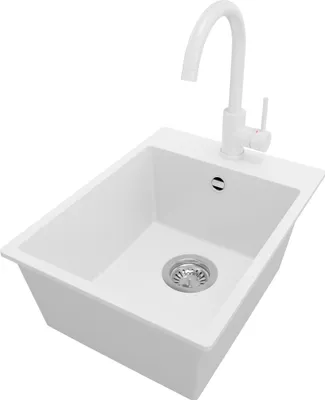 A white kitchen sink with a white faucet, shown from a slightly elevated angle against a white background.