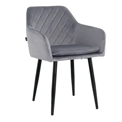 Produktbild von Lina® Noble Esszimmerstuhl, Samt, Grau - Küchenstuhl, Wohnzimmerstuhl, Design Stuhl mit Armlehnen - Samt Stühle Esszimmer mit schwarzen Metallbeinen