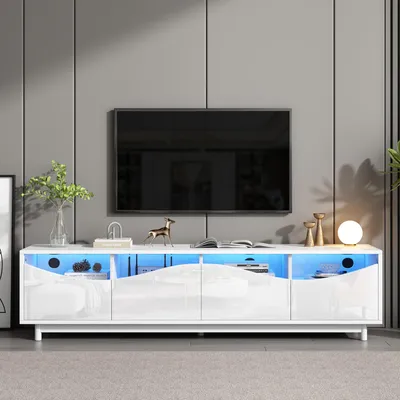 Produktbild von Weißer Hochglanz-TV-Schrank 175x38x51cm mit geschwungenem Design, gehärteter Glastür und LED-Beleuchtung für Wohnzimmer