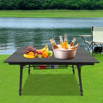 Zdjęcie produktu dla Stół kempingowy – składany stół do grillowania z aluminium z siatką do przechowywania, wymiary 90x51 cm
