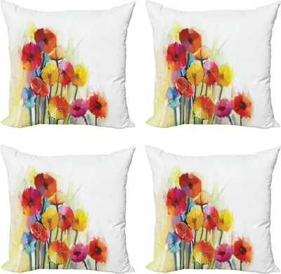 Produktbild von ABAKUHAUS Blume Kissenbezug Set (4 Stück), Gerbera-Blume Romantik, Moderner Doppelseitiger Digitaldruck, 45 cm x 45 cm, rot Gelb