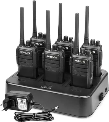 Obrázok produktu pre Retevis RT21 obojsmerná Vysielačka súprava PMR446 obojsmerná rádiová súprava so 6-cestnou nabíjačkou pre školskú dobíjaciu vysielačku VOX, bezpečnostná logistika (6 kusov, čierna)