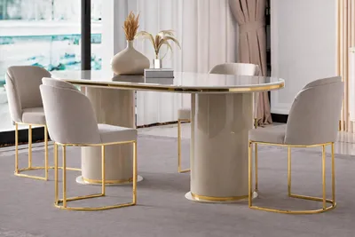 Produktbild von Modernes Esszimmer Set mit ovalem Tisch und 4 Stühlen in Creme
